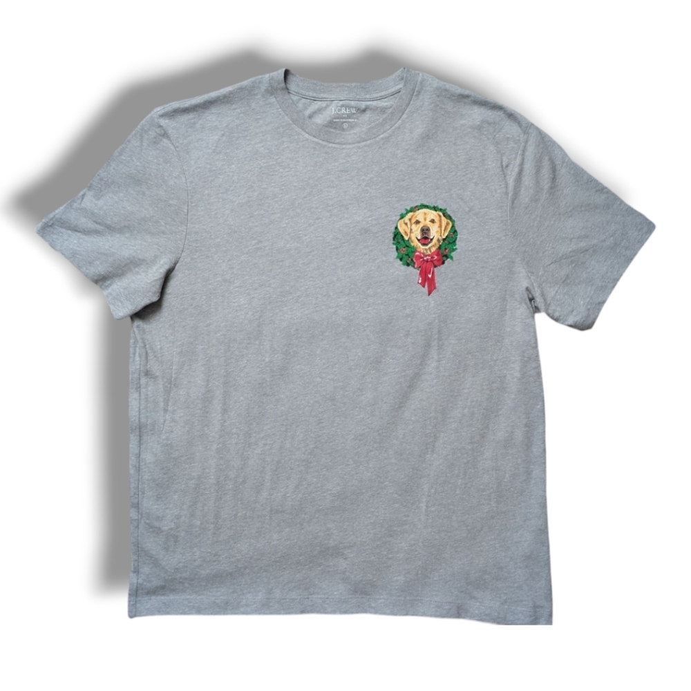 J. Crew T-shirt Yellow Lab Christmas Wreath Heather Gray Short Sleeve Women's LG